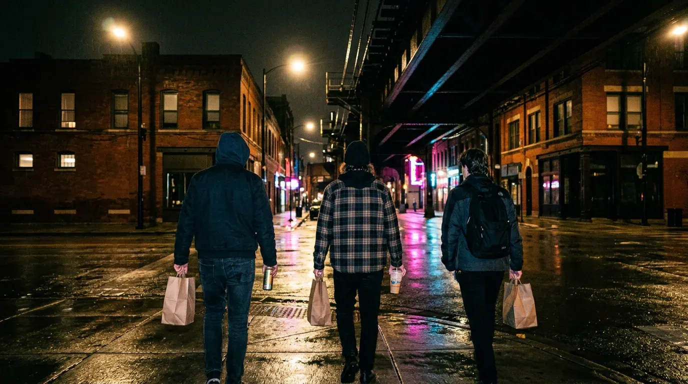 Three friends seen from behind walking down a wet street at night under the elevated tracks, food bags in hand.