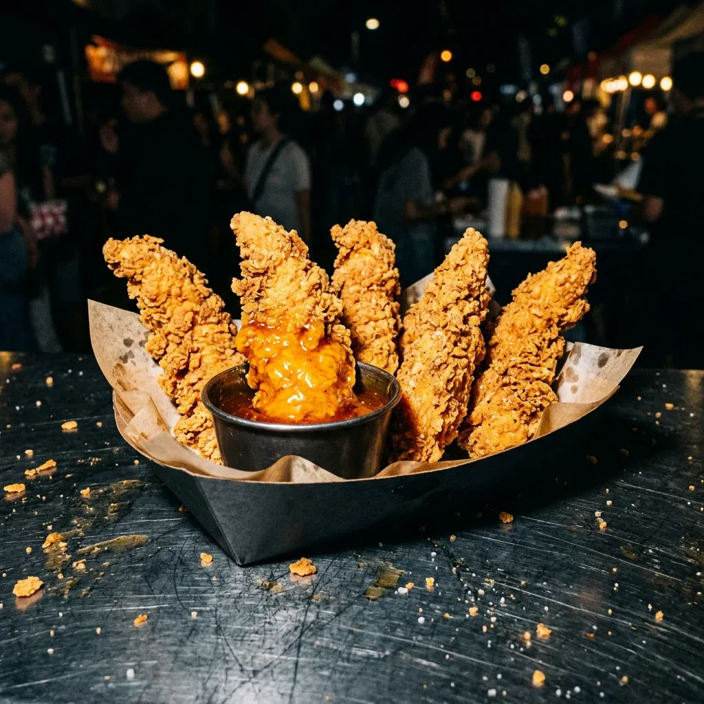 Five extra crispy chicken tenders in a paper-lined tray, one dipped in orange hot honey.