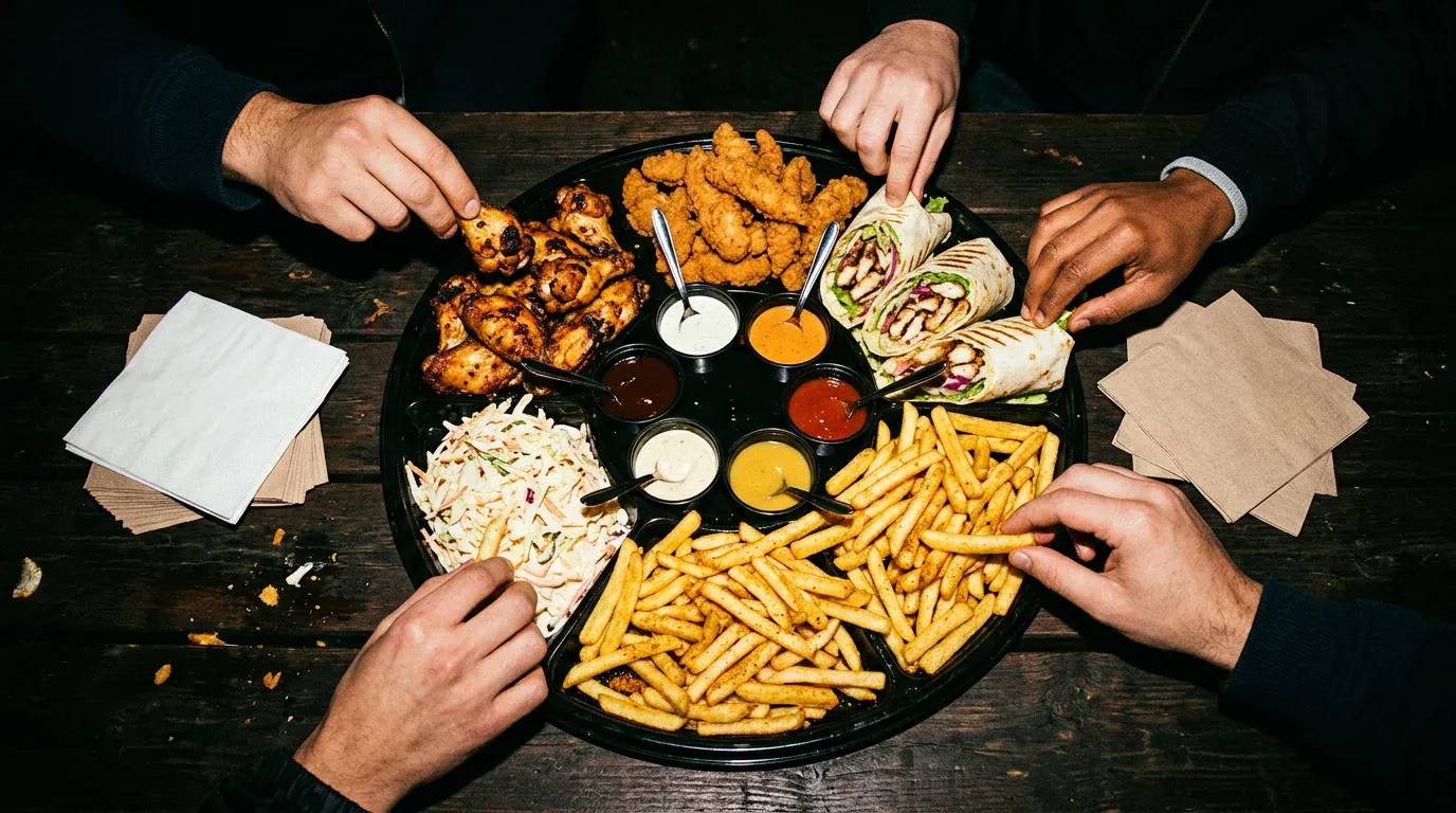 A party tray of wings, tenders, dürüm halves, fries and six dips, hands reaching in from all sides.