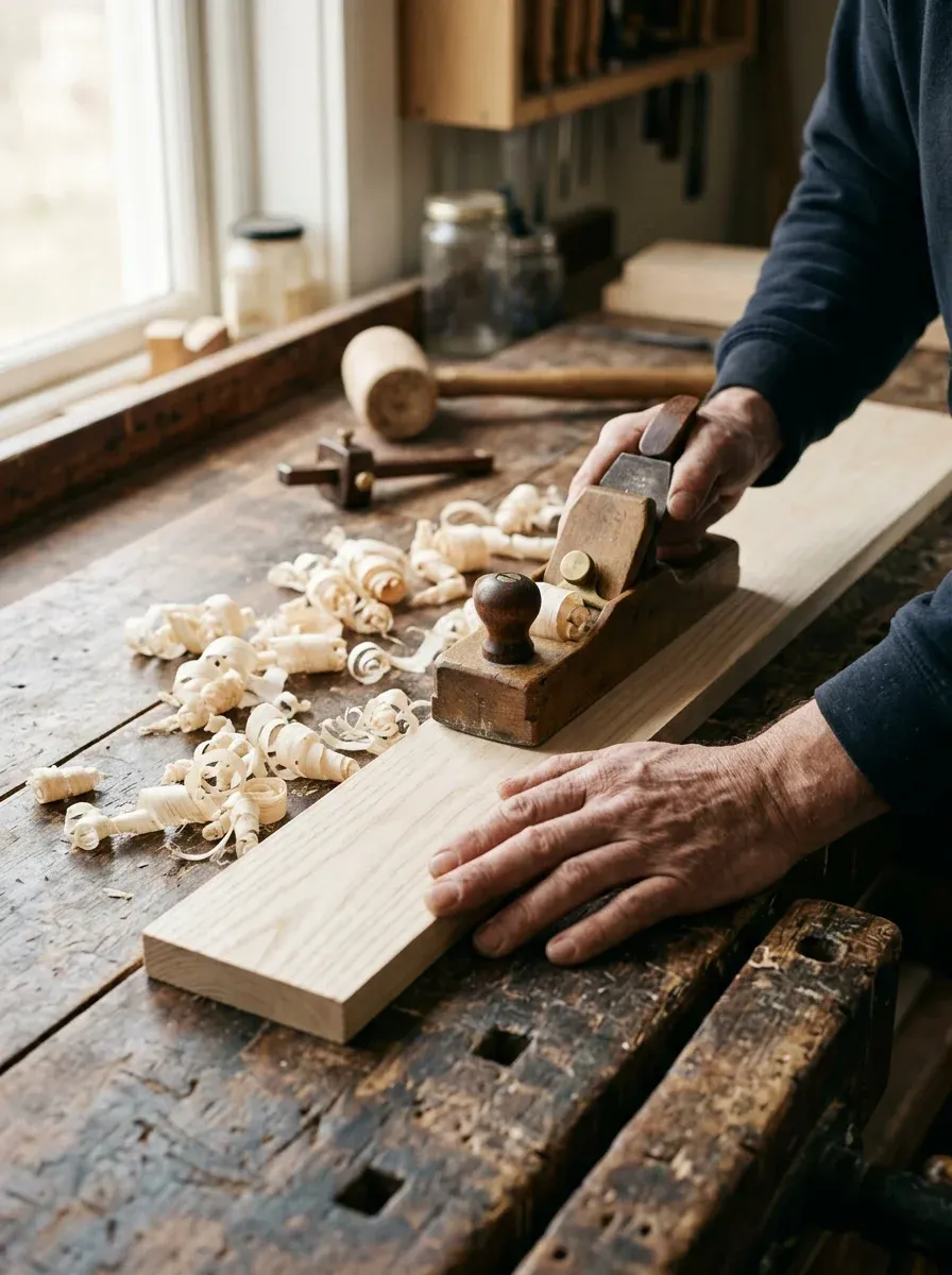 A hand holding a hand plane over a pale board, with curls of ash shavings across the bench.