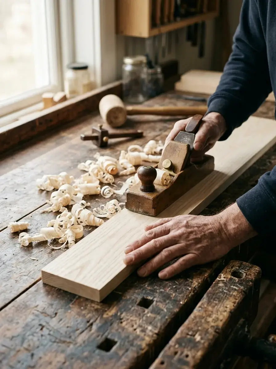 Hands steadying a hand plane on a pale ash board, with wood shavings curled across an old workbench.