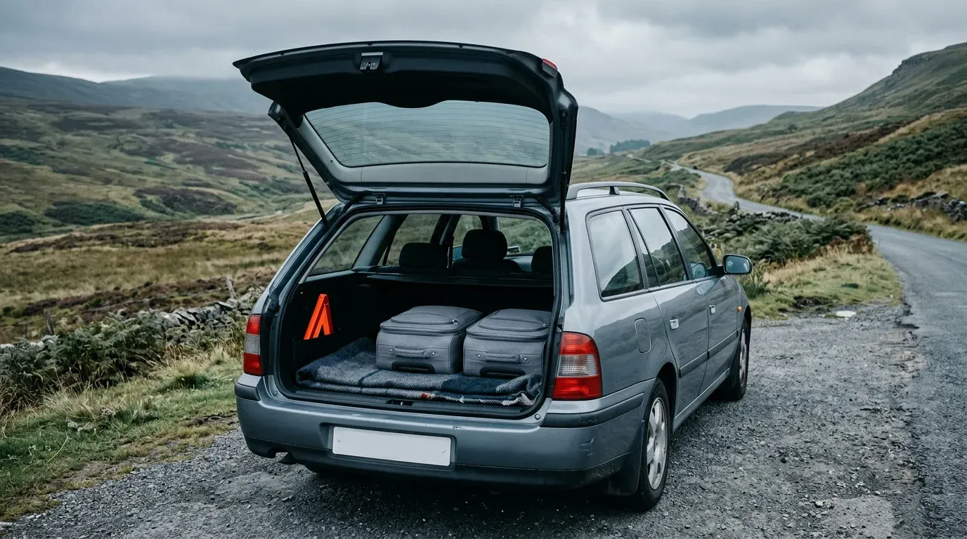 The open boot of a grey estate car with two soft suitcases, parked at a roadside layby in the hills