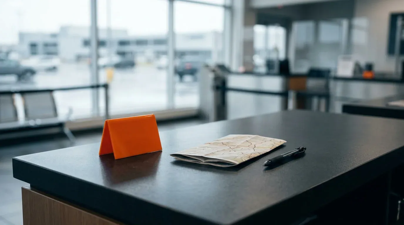 A charcoal rental counter with a small orange desk marker, a folded paper map and a pen