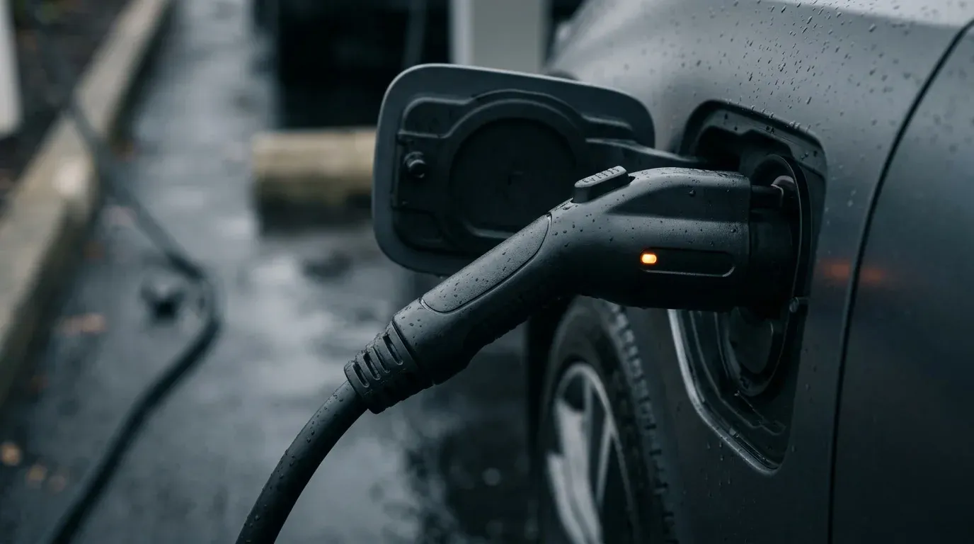 An electric car charging connector plugged into the charge port, with a faint orange status light