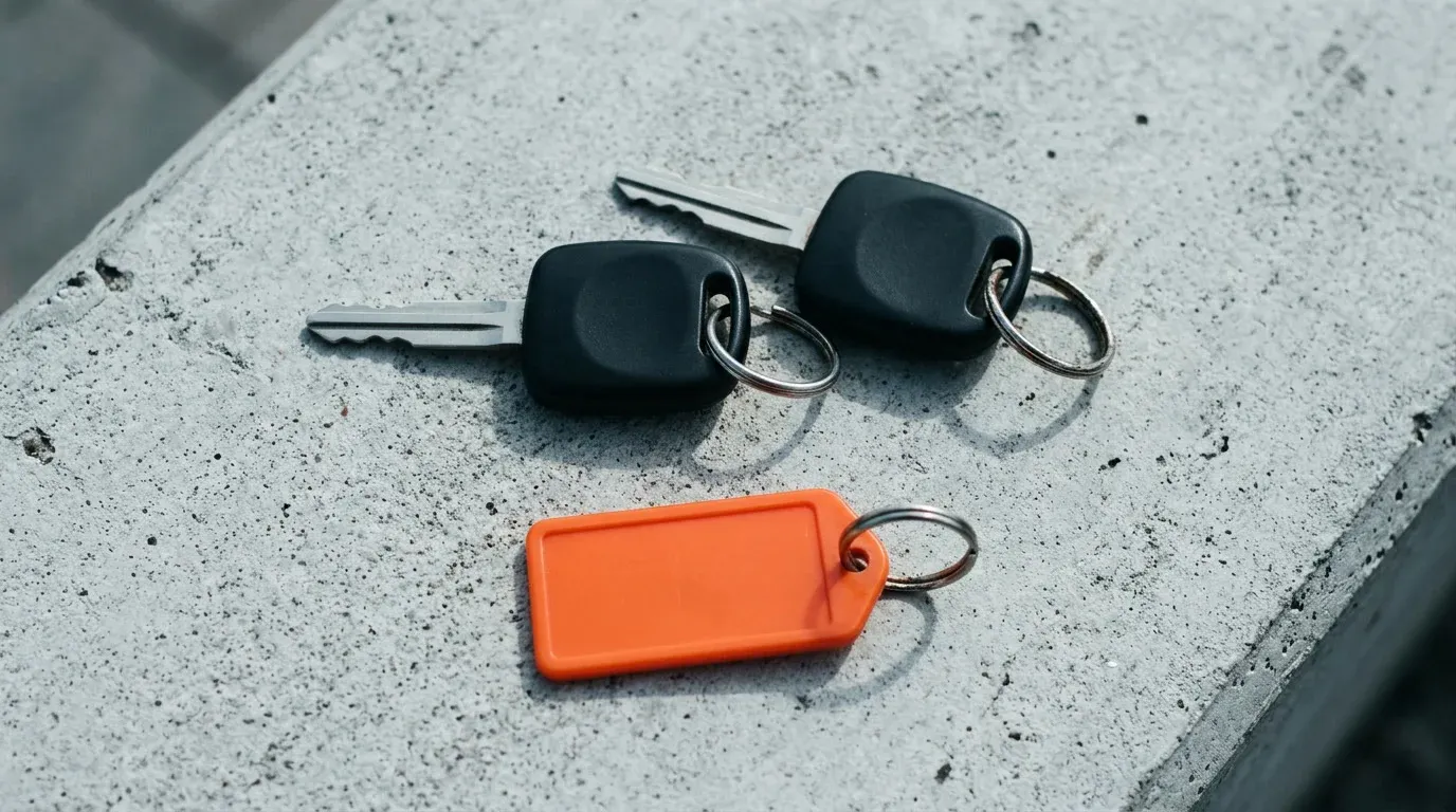 Two plain car keys and an orange key tag on a pale concrete counter