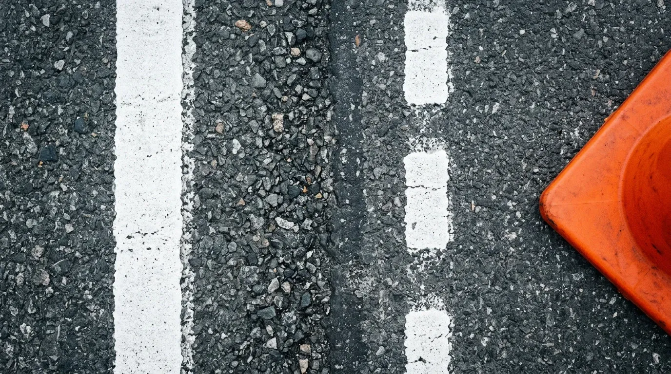 Dark asphalt with a white painted lane line and a dashed line, an orange cone entering the corner