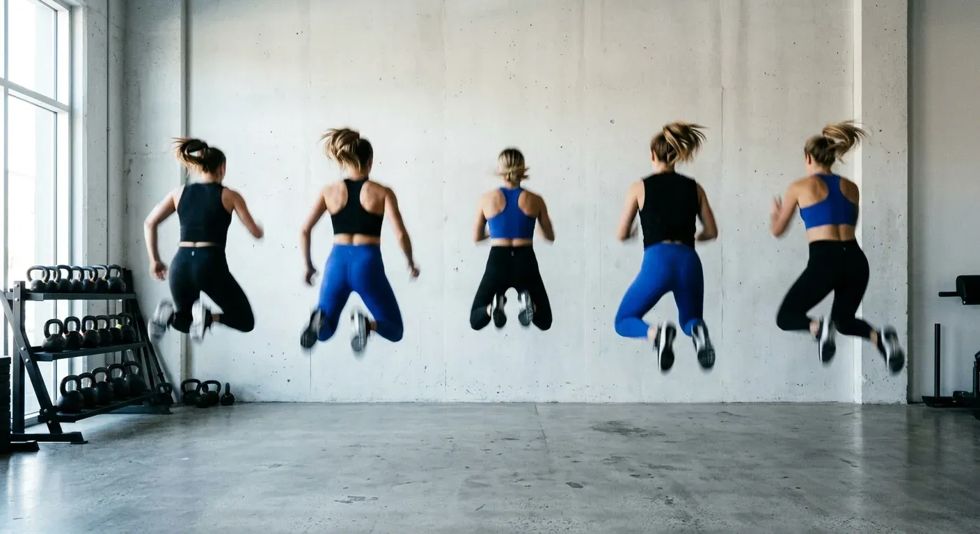 Five athletes in black and cobalt sportswear mid-jump in a bright concrete studio