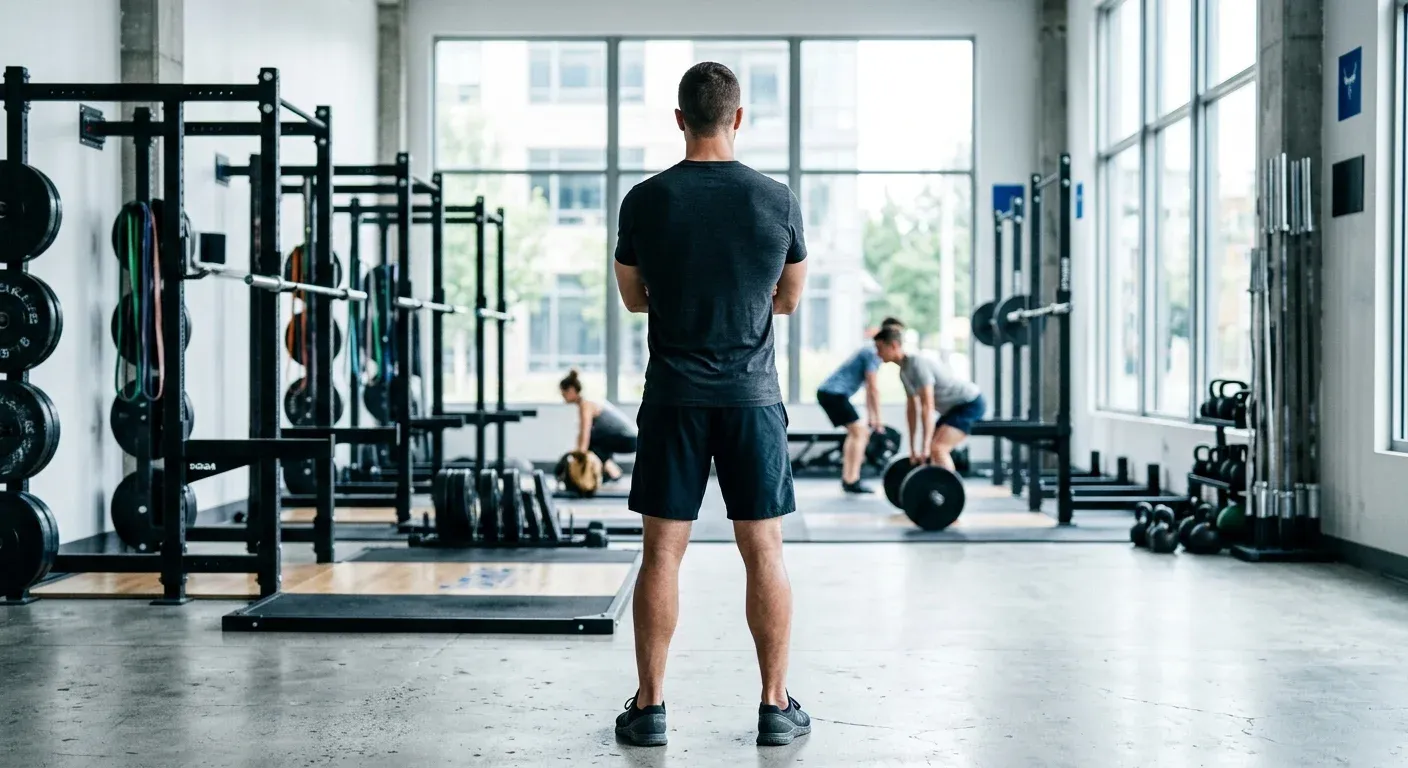 A coach seen from behind looking over the strength floor
