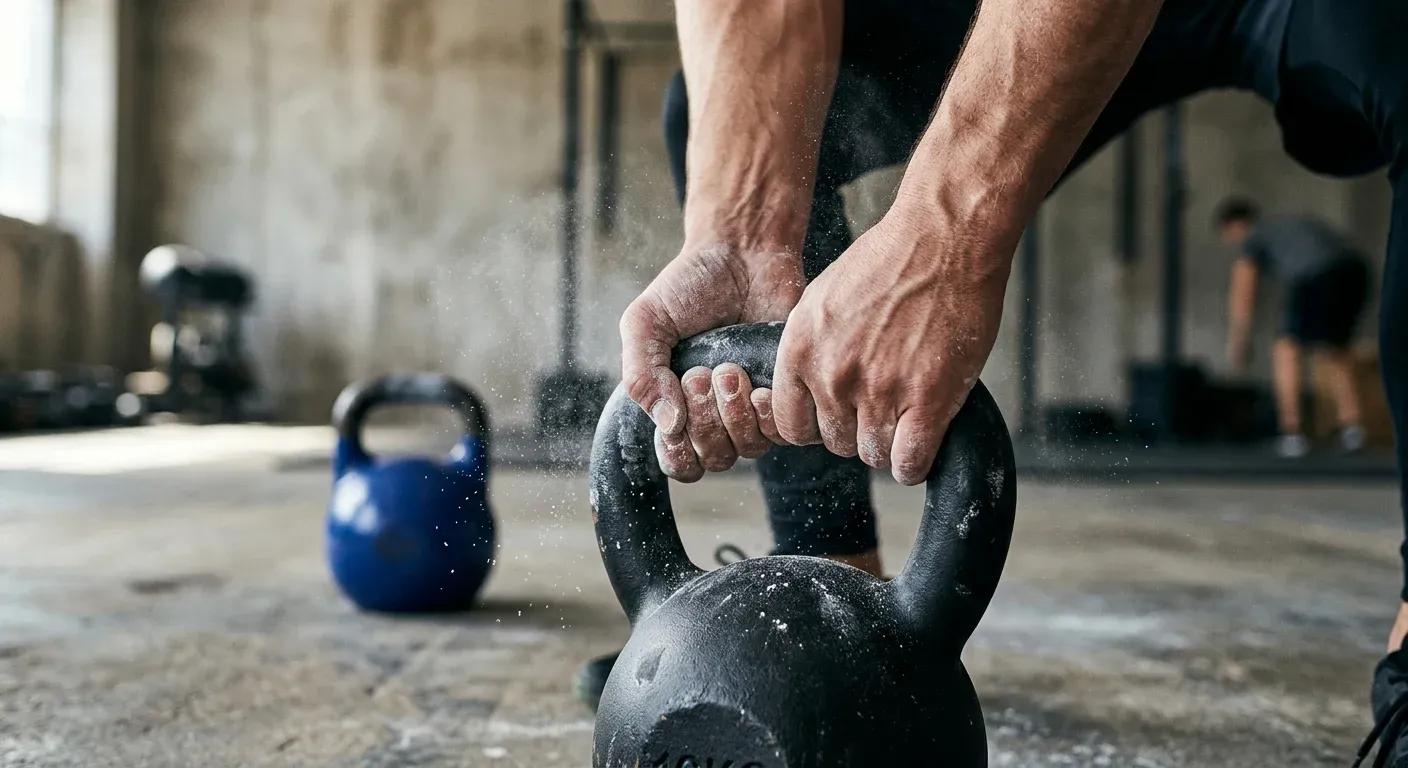 Chalked hands gripping a black kettlebell handle