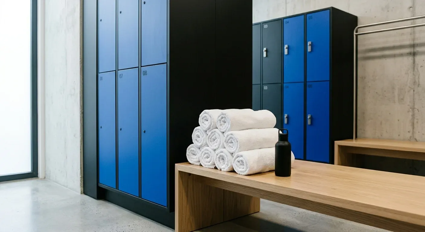 Rolled white towels on an oak bench beside cobalt blue lockers