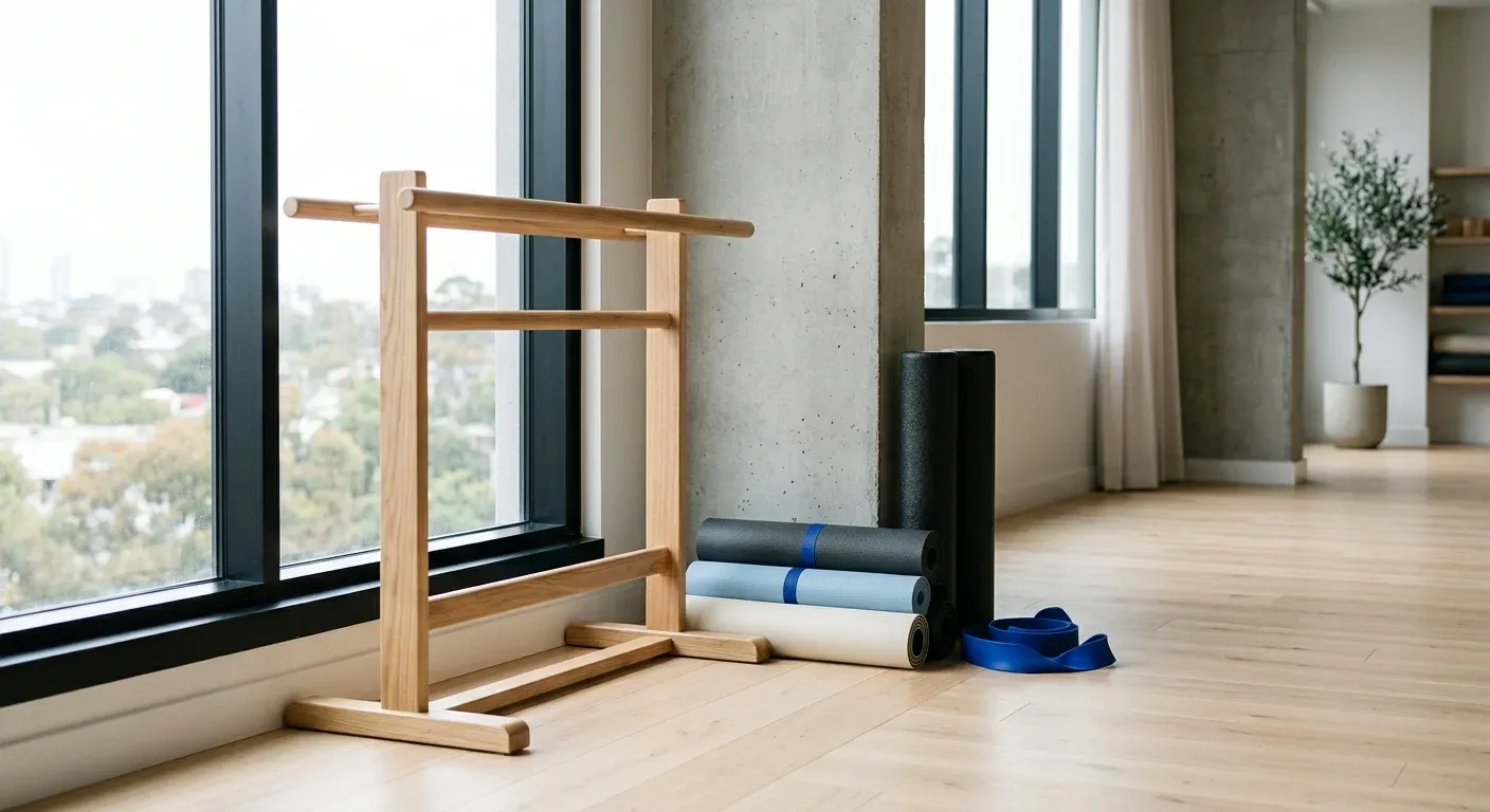 A bright mobility corner with mats, foam rollers and a wooden stretching rack
