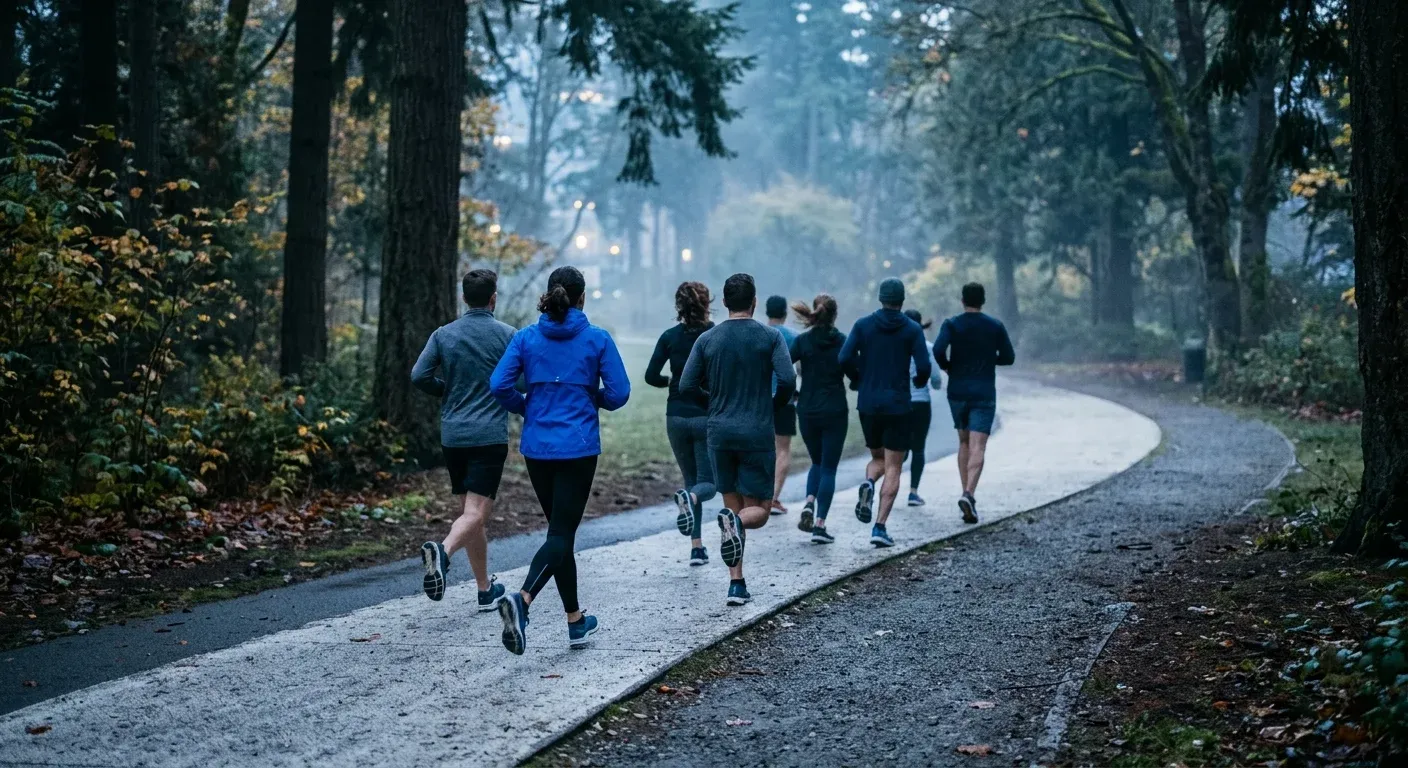 A group of runners on a misty park path in the early morning