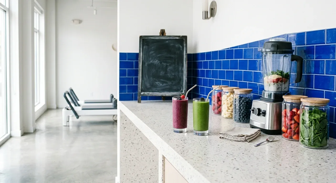 The smoothie bar: jars of fruit, a blender and two tall glasses on a pale counter