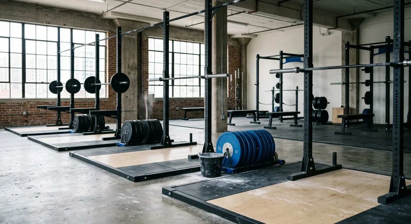 Barbell racks and bumper plates on a pale wood platform