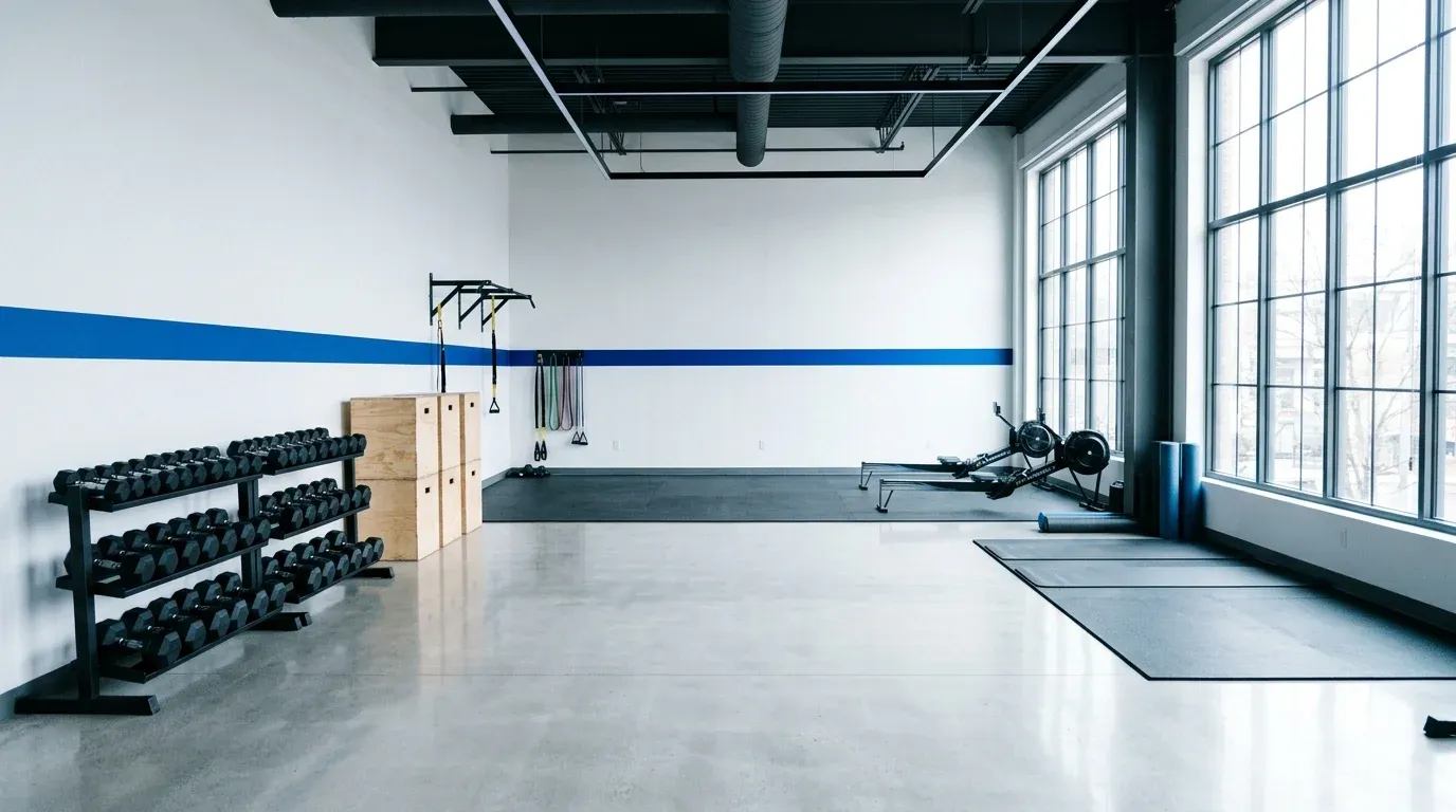 The main studio floor with dumbbell racks, plyo boxes and tall windows