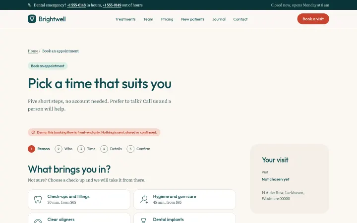 Brightwell: Multi-step booking: reason, practitioner, time