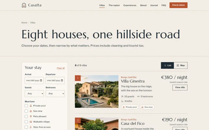 Casalta: Villa search with filters