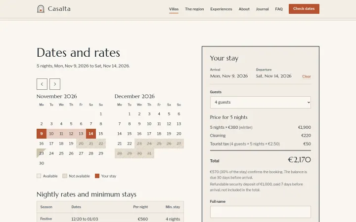 Casalta: Availability calendar and price breakdown