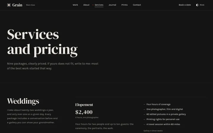 Grain: Packages for weddings, portraits and brand days