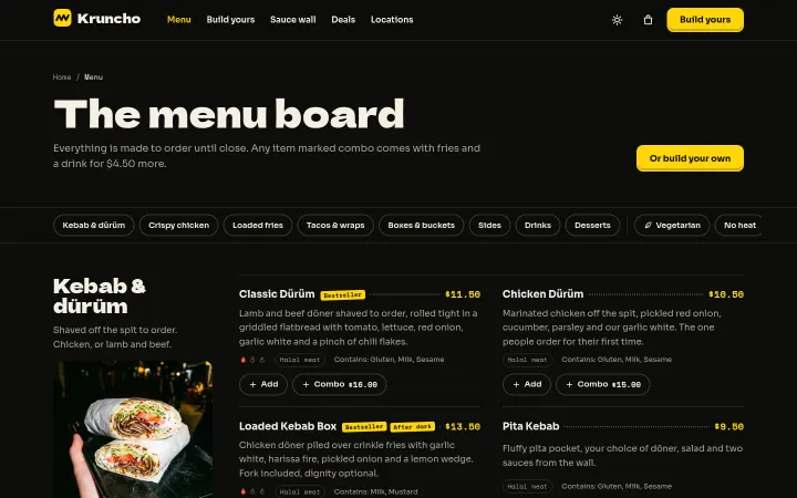 Kruncho: Menu board with spice, allergens and combos