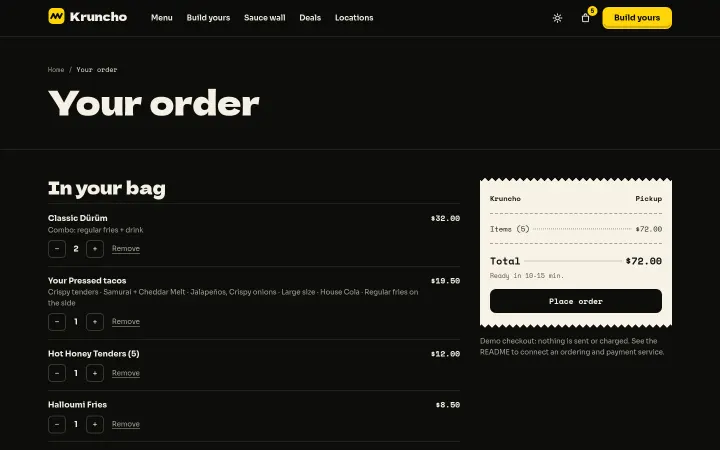 Kruncho: Order cart with pickup or delivery