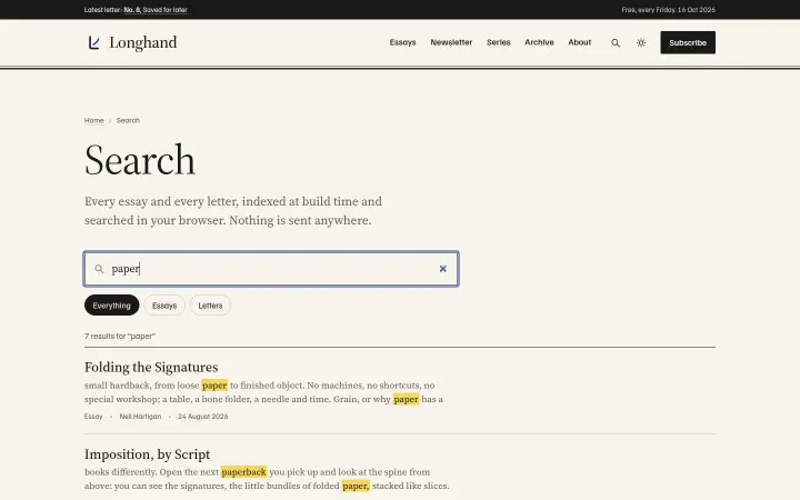 Longhand: Pagefind search with essay and letter filters