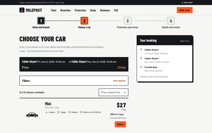 Milepost: Booking step 2: choose a car with filters