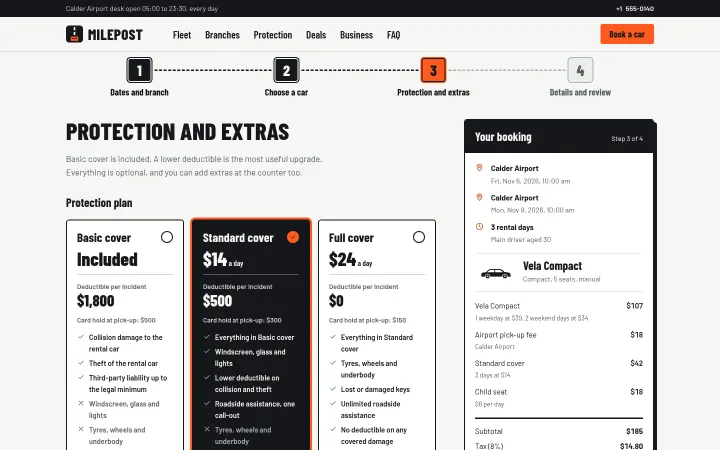 Milepost: Protection and extras with a live price summary