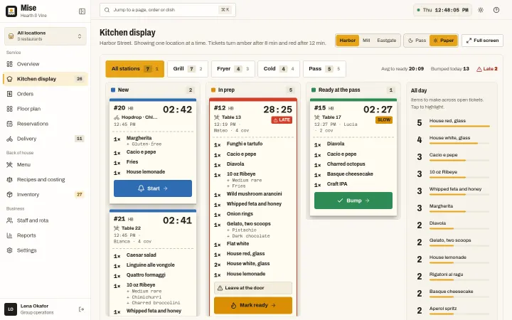 Mise: Kitchen display with paper-slip tickets and live timers