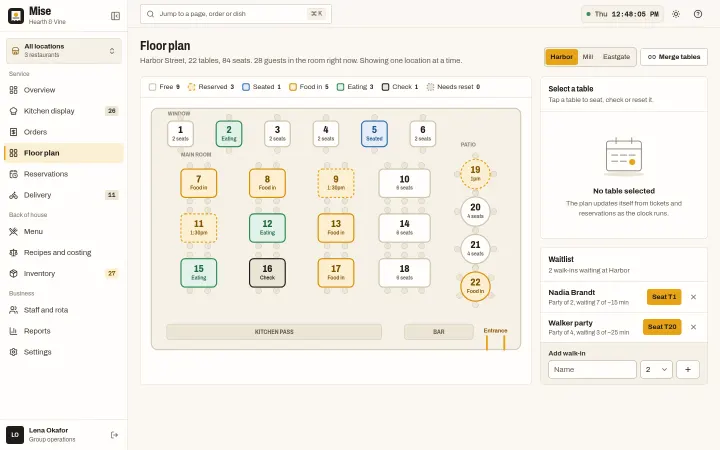 Mise: Floor plan with tables, seating and waitlist