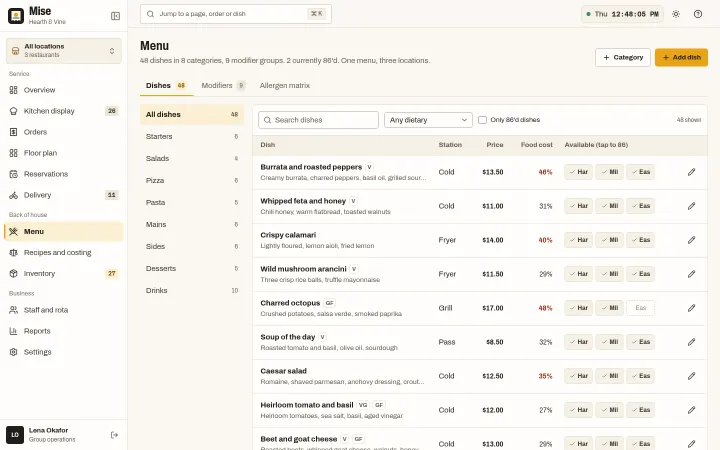 Mise: Menu with allergens, dietary tags and 86 flags