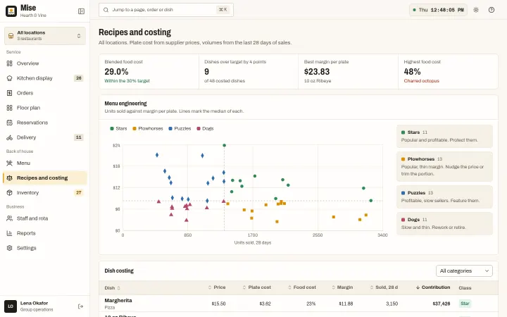 Mise: Recipe costing and menu engineering