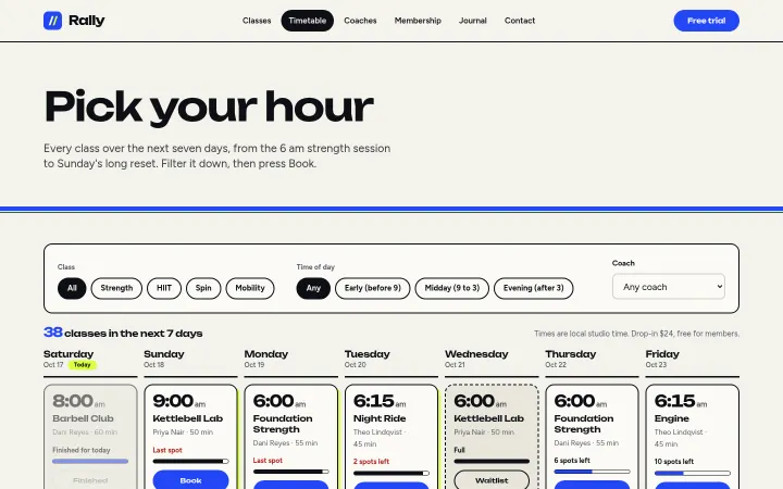 Rally: Weekly timetable with filters and spots left