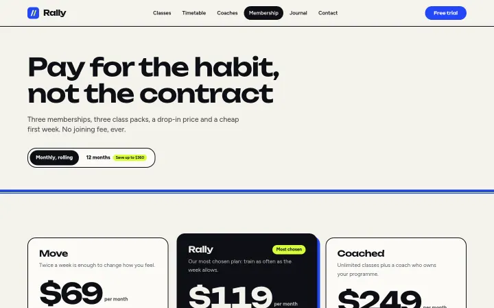 Rally: Memberships with monthly or 12-month pricing