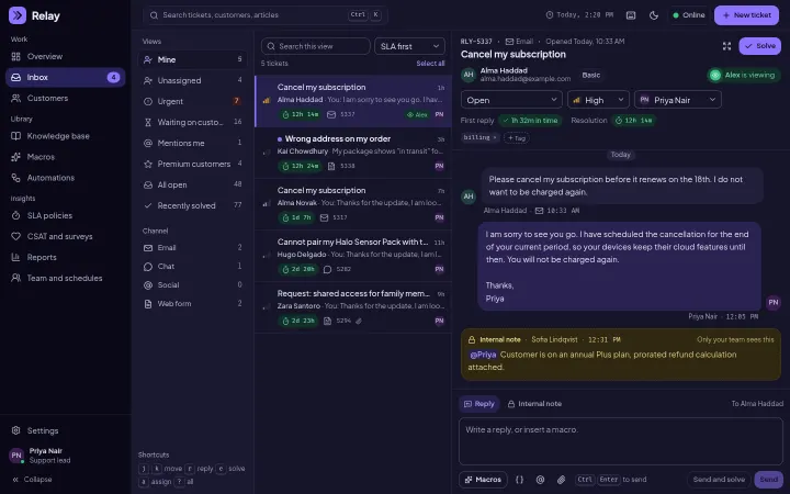 Relay: Three-pane inbox with live SLA timers