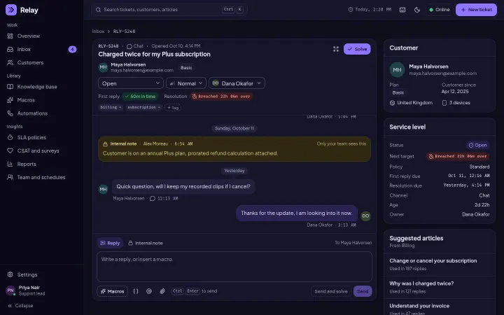 Relay: Ticket with conversation, internal note and customer details