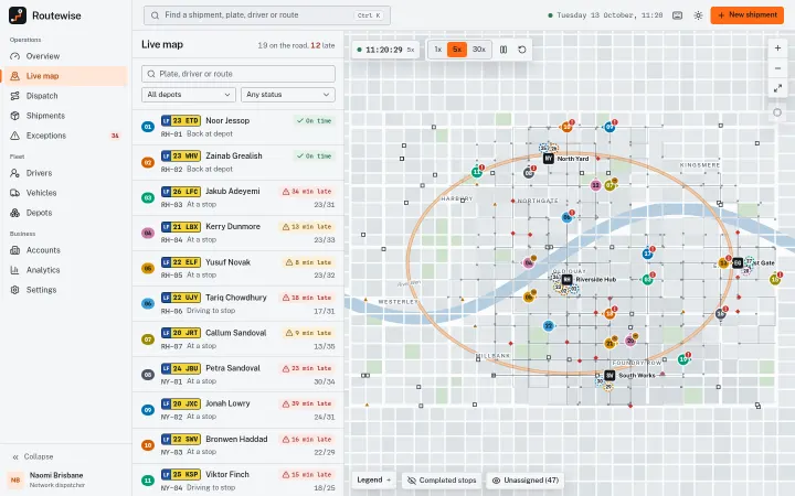 Routewise: Live map with vans moving along their routes
