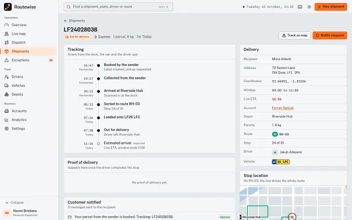 Routewise: Shipment out for delivery with tracking timeline