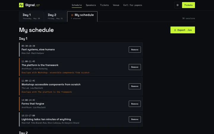 Signal: My schedule with starred sessions and overlap flags
