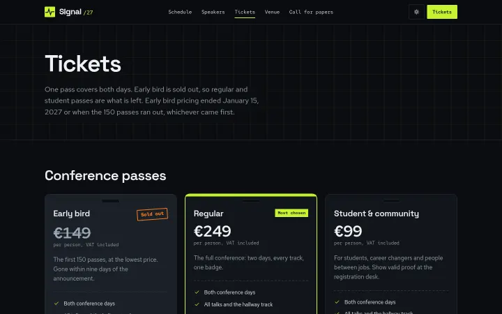 Signal: Ticket tiers with a sold-out state