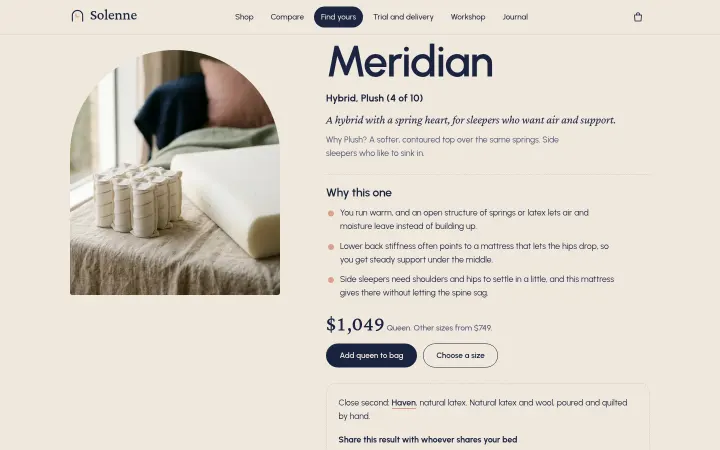 Solenne: Quiz result with a recommended mattress