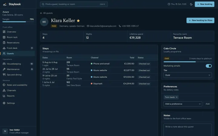 Staybook: Guest profile with tier, preferences and stay history