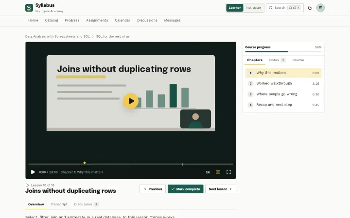Syllabus: Lesson player with chapters, transcript and notes