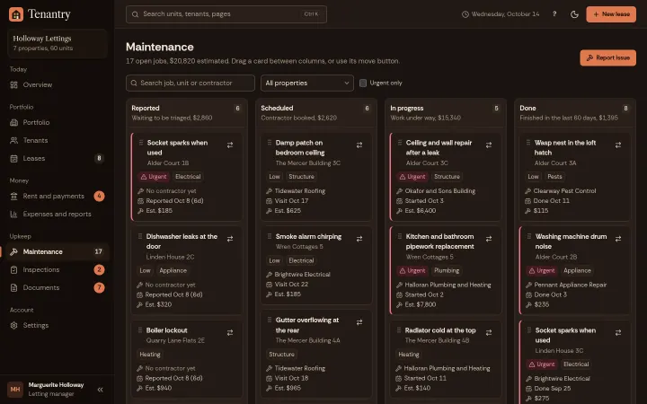Tenantry: Maintenance Kanban with contractors and costs