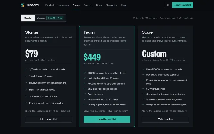 Tessera: Plans with a monthly or annual toggle