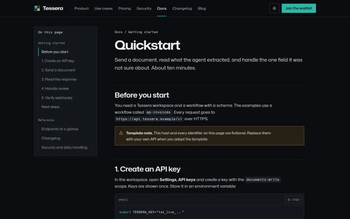 Tessera: Quickstart docs with code blocks