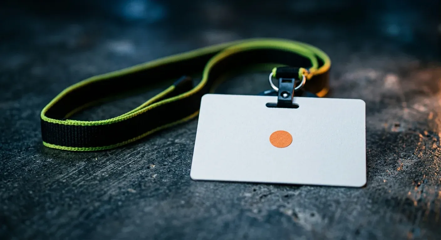 A blank conference badge on a black and lime lanyard resting on a dark concrete table