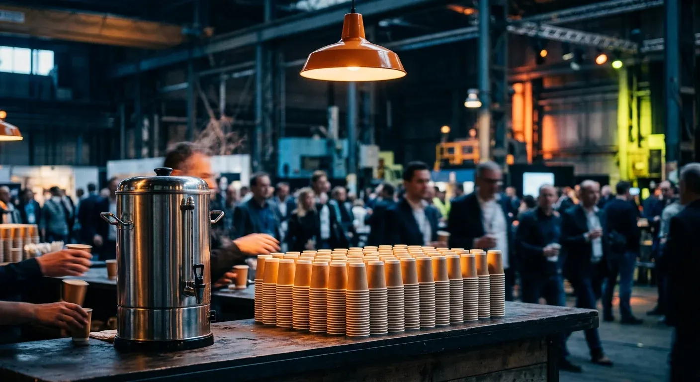 A steel coffee urn and stacked paper cups on a counter in the foundry hall, attendees blurred behind