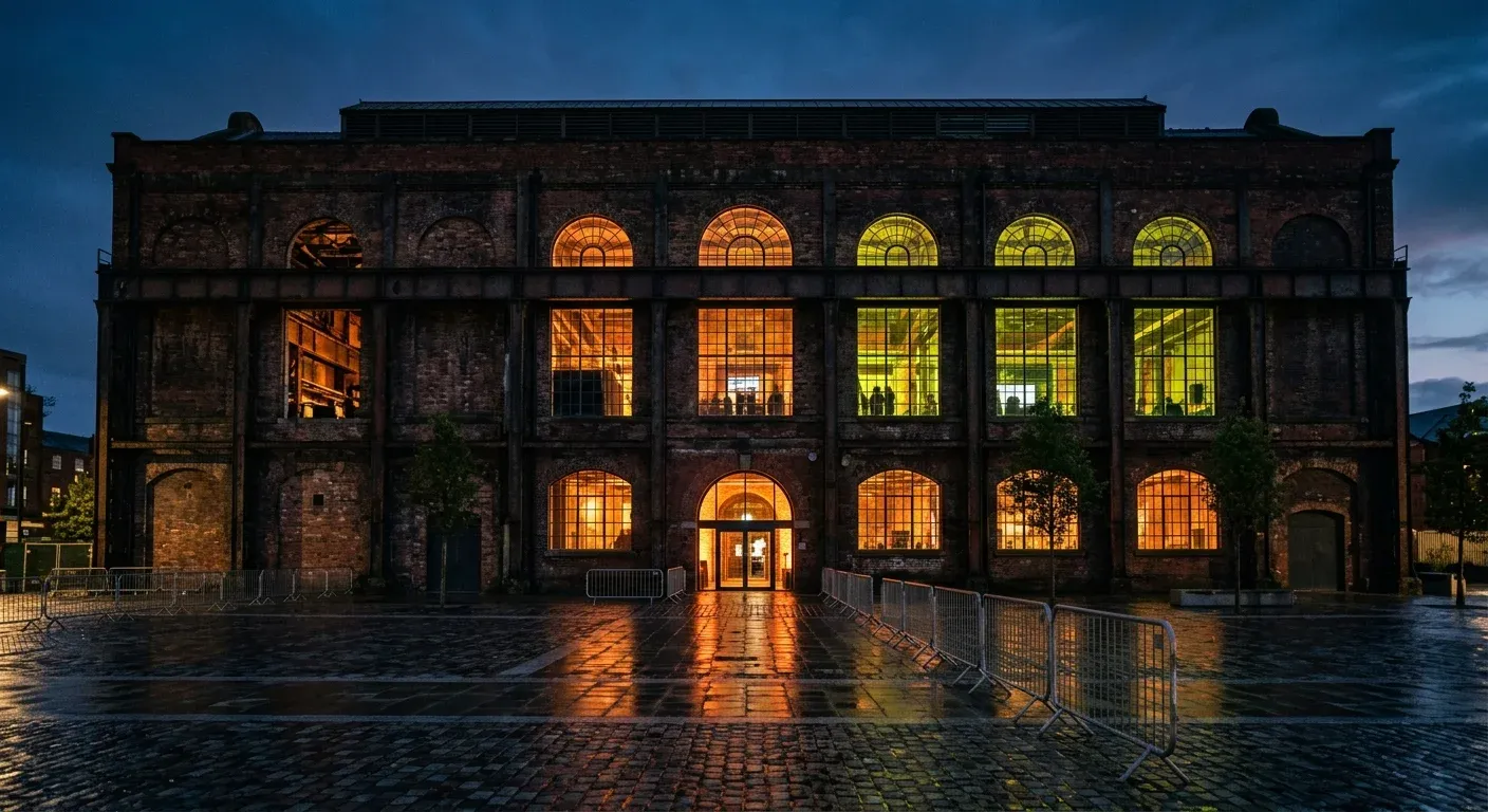 The Foundry Hall at dusk: a brick and steel industrial building with arched windows glowing orange and lime over a wet plaza