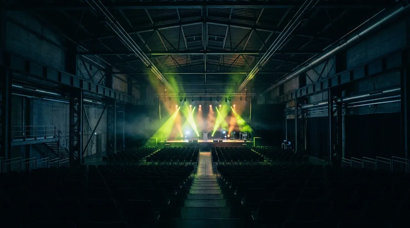 The main hall seen from the back, rows of dark seats facing a stage lit by lime and orange lights through haze